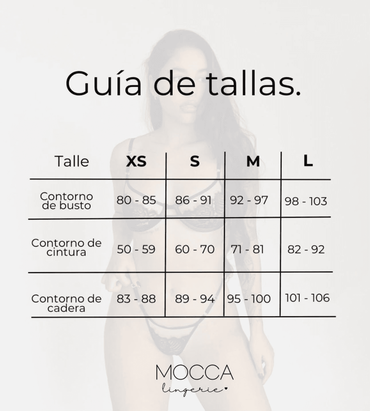 Guía de tallas Mocca: contorno de busto, cintura y cadera en centímetros para XS, S, M y L